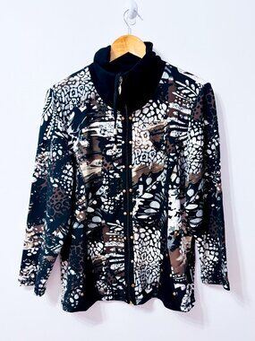 GRAFFITI PETITE Black Brown Abstract Print Full Zip High Collar Jacket X-Large